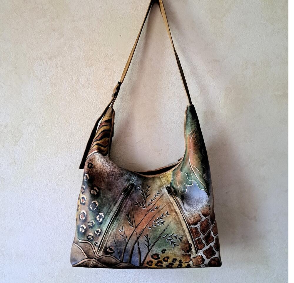 ANUSCHKA Hand Painted Leather Hobo Bag Safari Animal Print Shoulder Artisan